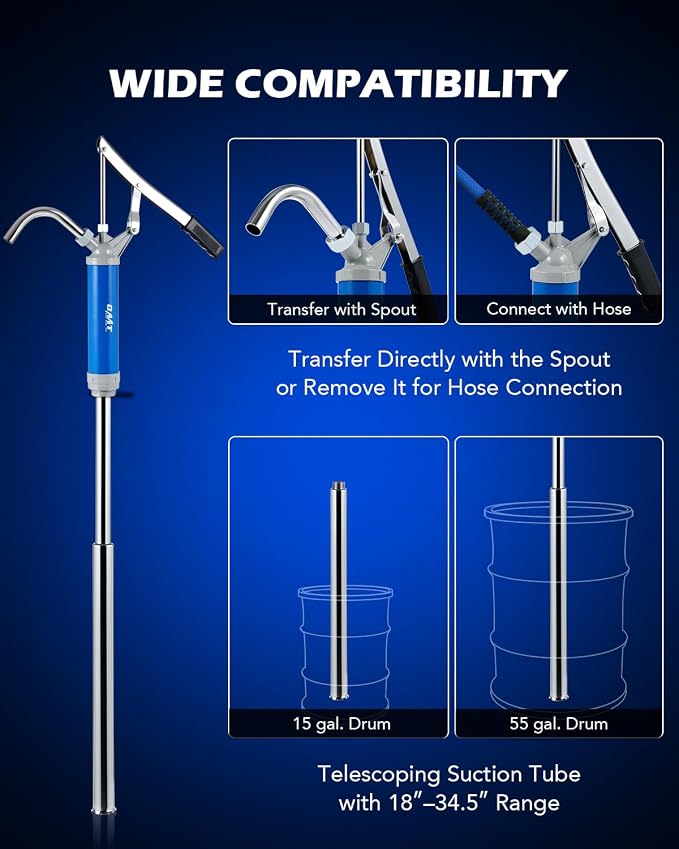 Orion Motor Tech Lever Action Barrel Pump, Heavy Duty Barrel Hand Pump with Telescoping Suction Tube Fits 15 to 55 Gallon Drums Transferring Heating Oil, Motor Oil, Transmission Fluid