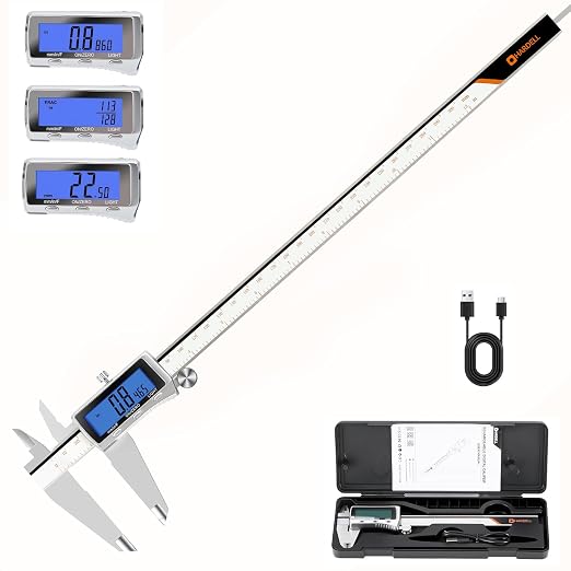HARDELL Digital Caliper 12 Inch, Rechargeable All Metal Electronic Micrometer with Backlit LCD, Inch/mm/Fraction Conversion, Auto-Off – Measuring Tool for DIY, 3D Printing, Workshop & Household