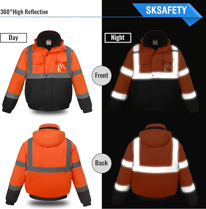 SKSAFETY High Visibility Reflective Jackets for Men, Waterproof Class 3 Safety Jacket with Pockets, Hi Vis Orange Coats with Black Bottom, Mens Work Construction Coats for Cold Weather,2XL, 1 Pack