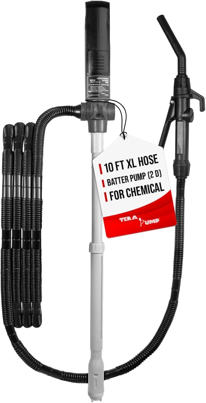 TERA PUMP - TREP01-TXL-CH Two (2) D Battery Powered Chemical Resistant Pump | Ethanol Methanol DEF Brake Cleaner 2.1 GPM Transfer Pump | Fits 5 Gallon Pail and Jugs to 20 Gallon Drums