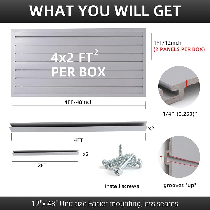FRAYSCENT Slat Wall Paneling Garage Wall Organizer, Slatwall Panels Garage Tool Organizer Wall Mount Garage Slat Wall Storage Systems, Slat Board PVC Wall Panels Garage Storage (Grey, 4ftx2ft)