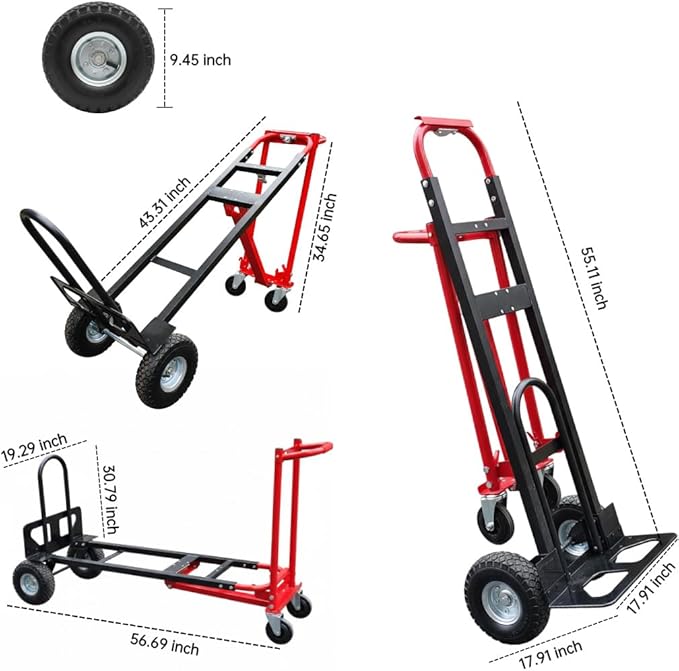 Red Convertible Hand Truck Dolly Cart with 4 Wheels Heavy Duty,1000 Lbs Capacity, 2 Straps for Moving Furniture/Appliance/Carton/Warehouse/Office/Easy to Follow Video to Install