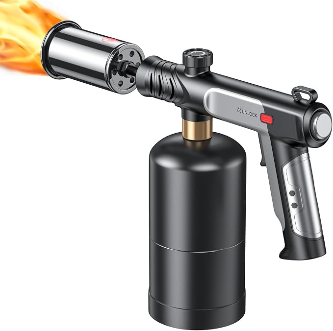 Propane Torch Gun, 30,000 Stable Ignition Kitchen Blow Torch with One-Touch Max Fire, Safety Lock & Adjustable Flame, Propane Torch Head for Searing Steak, Grill, BBQ, Charcoal Starter, Campfire