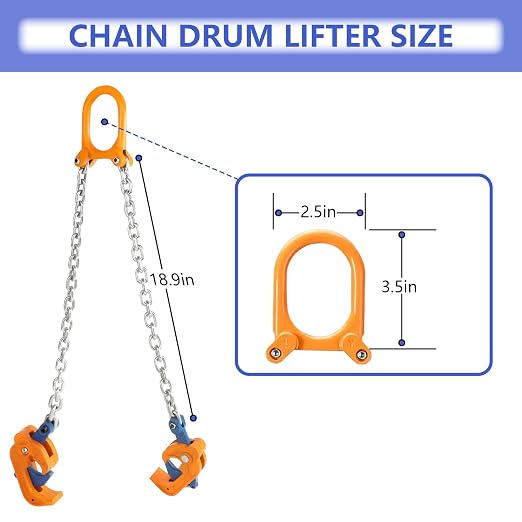 Dollate Chain Drum Lifting Clamp, 2200LBS Load Capacity, G80 Horizontal Double Chain Oil Drum Hoist For 55 Gallon Plastic And Metal Drums, Horizontal Vertical Lifting