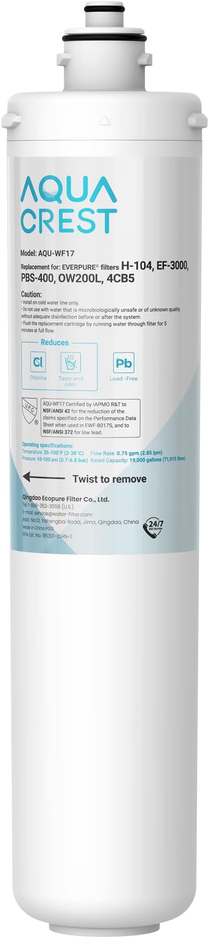 AQUA CREST H-104 Under Sink Water Filter, Replacement for Everpure H-104, EV961211, EF-3000, PBS-400, OW200L, 6TO-BW, MR-100, MR-225, EV9262-71, EF9857-00, NSF/ANSI 42 Certified, 19000 Gallons