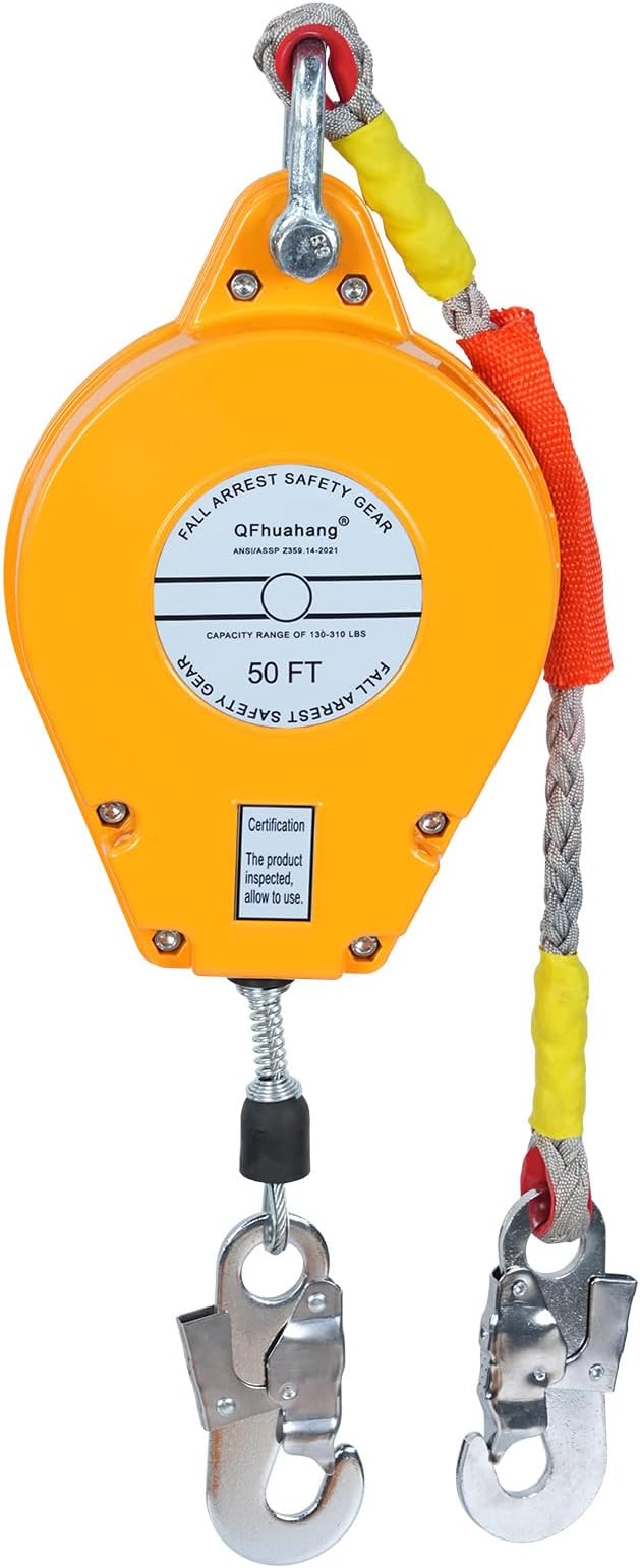 50FT Self Retracting Lifeline, Adjustable Retractable Lifeline Fall Protection Rope, Heavy Duty Retractable Lanyard, Roofing Lifelines, Industrial Fall Arrest Retractor