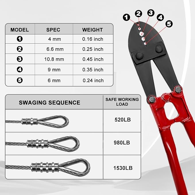 Wire Rope Crimping Pliers, 24" Hand Swager Crimper, Swaging Tool 5 Cavity 1/16" 3/32" 1/8" 5/32" 3/16", Crimping Tools for Copper and Aluminum Oval Sleeves and Stop Sleeves