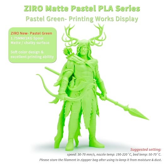 ZIRO Matte PLA Filament, 1.75mm 3D Printer Filament Shine-Free Finish, Pastel Colors PLA Series, 1kg/2.2lbs Spool, Dimensional Accuracy +/- 0.03mm, Fit Most FDM 3D Printers, Pastel Green(Matte)
