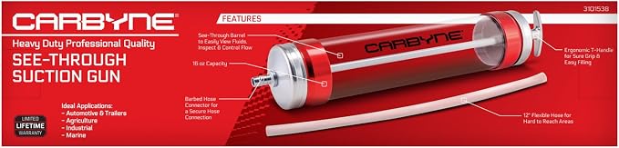 Carbyne Suction Gun, See-Through Barrel, 14 oz Capacity, 12 in. Flexible Hose, for Transmissions, Differentials, and Gear Boxes