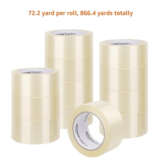 Amazon Basics Shipping Packing Tape for Packaging, Moving and Storing, Clear, 1.88 in x 72.2 yards, 1.8mil Thickness, 12-Roll