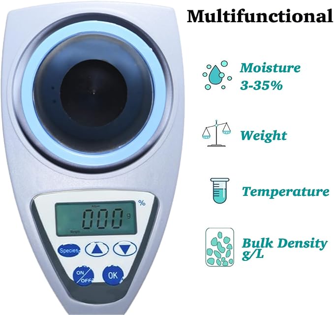 Grain Moisture Tester, 24 Types Grain Moisture Meter, VQP Digital Crop Corn Moisture Tester Analyzer, 3-35% Range, LCD Display for Rice Barley Wheat Soybean