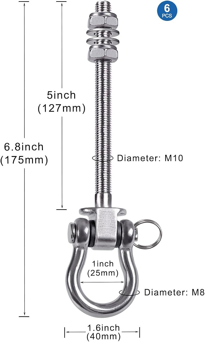 6Pcs Heavy Duty Swing Hangers with Bearings Swing Hooks for Wood & Metal Beams Stainless Steel Swing Hardware Bolts for Hanging Swings Chair Hammock Aerial Yoga Porch Swing 5" X M2/5", 1500LB Capacity