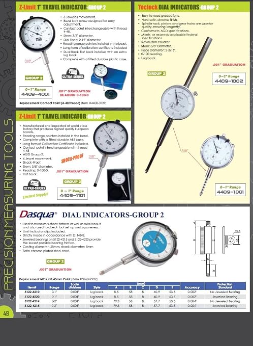 HHIP 4400-1100 Pro Series AGD Group 2" Dial Indicator, .0005" Graduation, 0-50 Reading, 0-1" Range