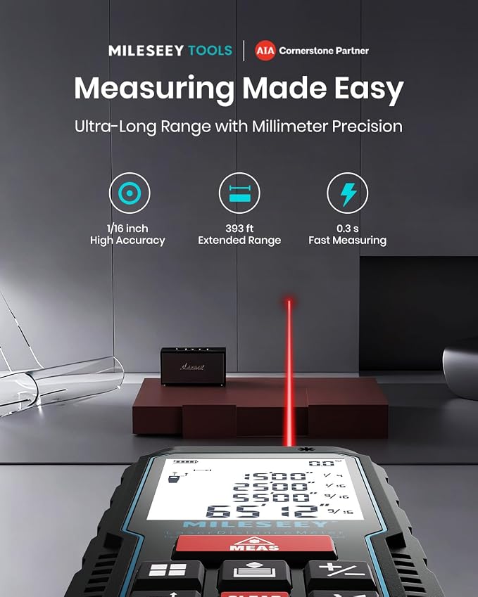 Laser Measure Device, MiLESEEY 393ft Digital Laser Tape Measure with Upgrade Electronic Angle Sensor, 2mm Accuracy, Area Measurement,Volume and Pythagoras, 2" LCD Backlit,Mute, Battery Included