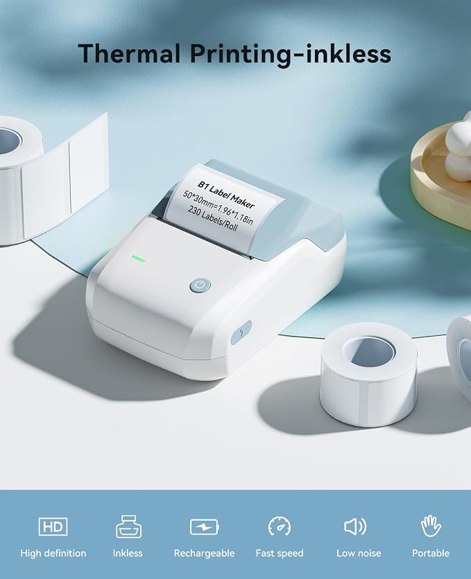 NIIMBOT 2Inch Label Maker Machine with 3 Tape, B1 Portable Sticker Printer for Small Businesses, Clothing, Logo, Jar, Address, Compatible with Phones & PC, Blue White