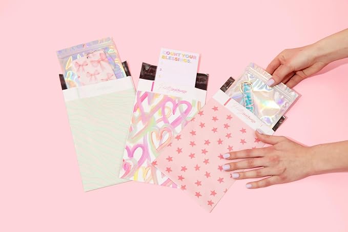 Pretty Package Store Poly Mailer 6x9, Pink Seeing Stars, 100 Pack | Heavy Duty, Waterproof, Self Seal, Tear Resistant, Shipping Bags for Small Business Packaging, Bulk Mailing Envelopes