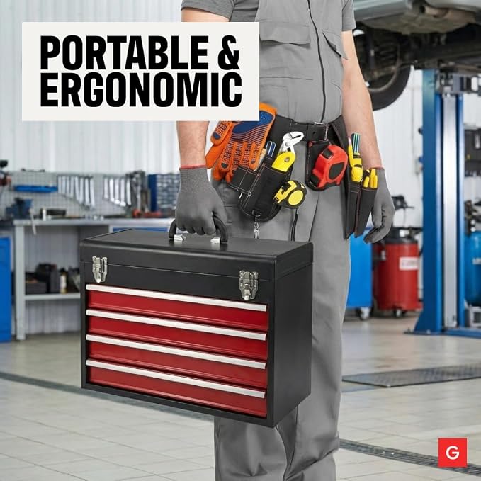 4-Drawer Tool Box with Drawers - Portable Metal Tool Box for Mechanics - Heavy Duty Steel Tool Chest with Locking Latches and Top Storage Compartment, Red/Black