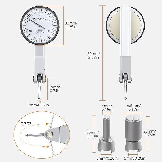 Neoteck Dial Test Indicator with Magnetic Base Stand and Storage Case, 0-0.03"/0.0005" Test Indicator Set with 2 Steel Dovetail Clamps 3/8'' and 5/32'' for Machine Set-Up, Narrow Area Measurement