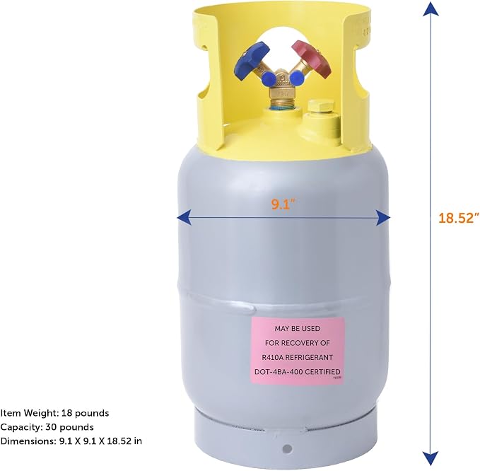 Flame King 30LB Refrigerant Recovery Cylinder Tank, 400 PSI, Dual Y-Valve Liquid/Vapor, Heavy-Duty Steel, HVAC Recovery & Storage