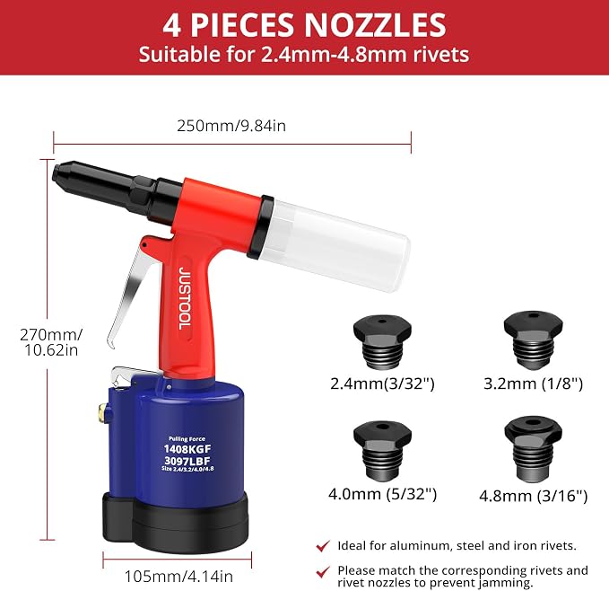 JUSTOOL 3097 LBF Heavy Duty Pneumatic Rivet Gun, Air Rivet Gun 4 Nosepieces 3/32", 1/8", 5/32", 3/16", NPT 1/4 inch Air Riveter Pop Rivet Gun Kit 16mm Maximum Stroke for DIY Automotive Industries