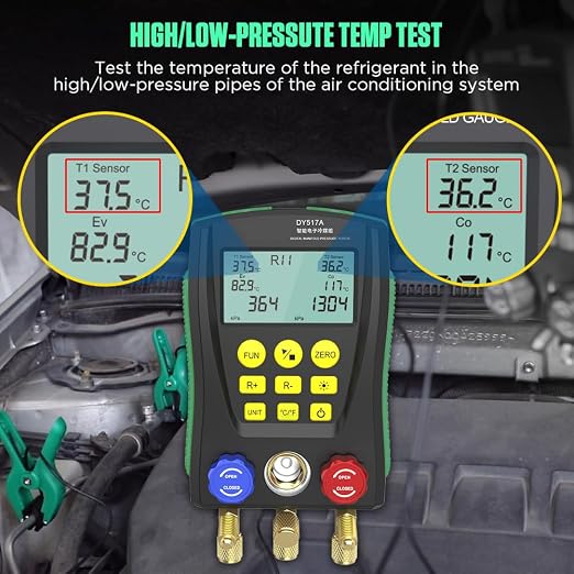 HVAC Gauges Digital Manifold Gauge Set Dual Pressure&Temp Test 89 Refrigerant Gauges R22 R134A R410A Refrigerant Recharge Kit HVAC Manifold Vacuum AC Gauge with Hoses for Air Conditioning/Refrigerator