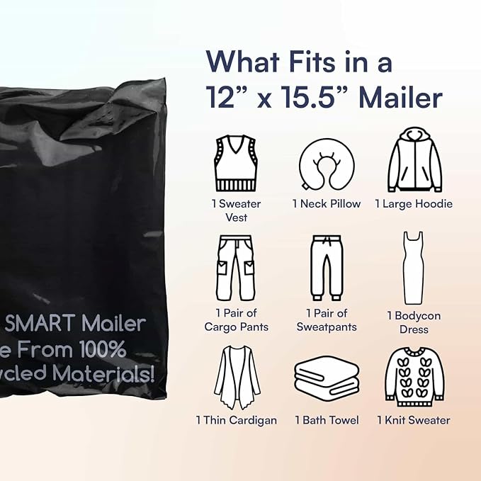 300 Count, 12x15.5 inch 100% Recycled Poly Mailers Eco Friendly Packaging Envelopes Supplies Mailing Bags 2.5 Mil Thick - SMART Mailer