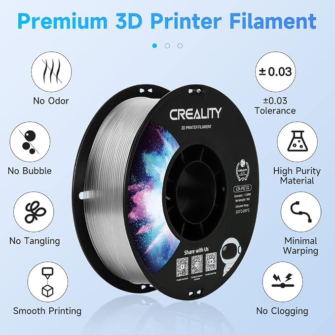 Creality PETG Filament 1.75mm Clear, 3D Printer Filament No-Tangling, Strong Bonding and Overhang Performance Dimensional Accuracy +/-0.02mm, 2.2lbs/Spool