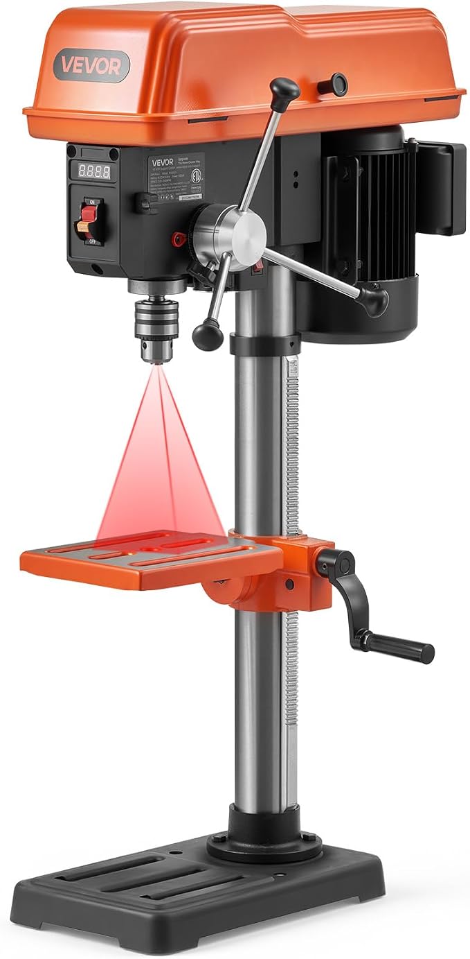 VEVOR 10-Inch Benchtop Drill Press, 5 Amp, 0.8 HP 600W Bench Drill Press, 530-3140 RPM Variable Speed, 0-45° Tilting Worktable, with Laser and LED Work Light, Tabletop Drilling Machine, for Wood Metal