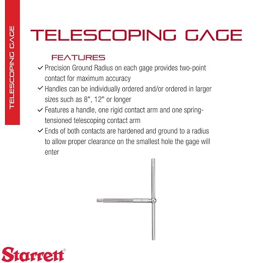 Starrett Telescoping Gage with One Arm - Ideal for Determining True Size of Holes, Slots and Recesses - 3-1/2" - 6" Range, 3-1/4" Handle Length - 229E