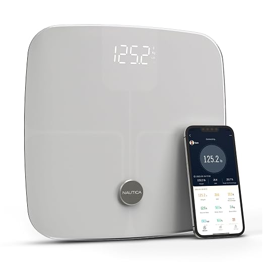 Nautica Body Tracker Digital Bathroom Scale, Bluetooth-Enabled Smart Scale with BMI, Body Fat, Muscle Mass Tracking & More, Syncs with Smartphone App for Body Composition Tracking, 440 Lbs.