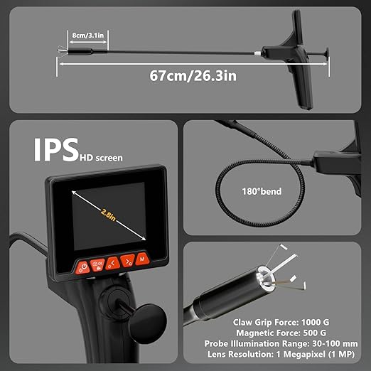 Endoscope Camera with Light and Grabber, Sewer Borescope Inspection Mirror with Magnetic Pickup, Drain Snake Scope for Automotive Repair & Pipe Cleaning, IP67 Waterproof, 6 LED, 19.7-Inch