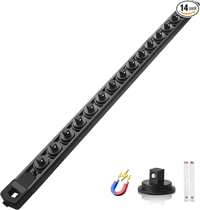Reniteco Magnetic Socket Organizer, 1/4" Drive Aluminum Alloy Socket Rail, Heavy Duty Magnetic Socket Holder with 14PC 360° Swivel Removable Clips, Magnetic Socket Rack for Tool Box Drawer, Black