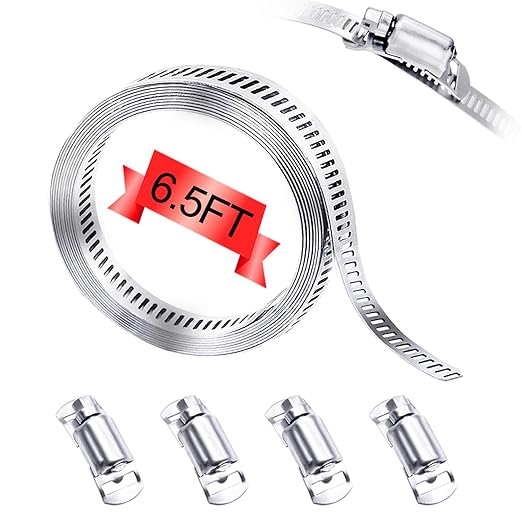 304 Stainless Steel Hose Clamp Assortment Kit,DIY 6.5FT Metal Strap + 4 Stronger Fasteners,Adjustable Large Worm Gear Hose Clamps Screw Clamps for Pipe,Duct,Tube,and Fuel Line