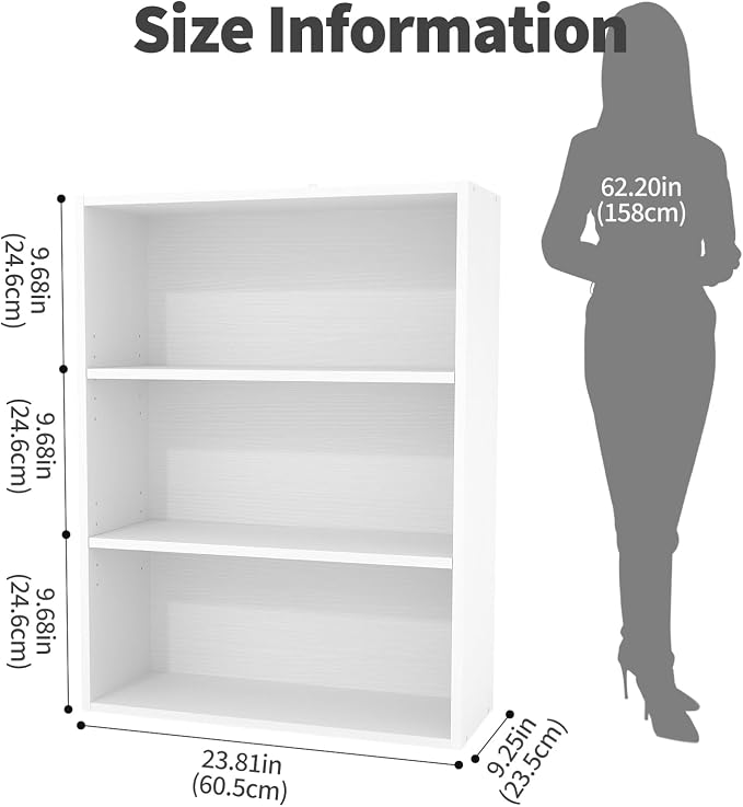Sweetcrispy Industrial 3 Shelf Bookcase - Large 31.5 Inch Tall Floor Standing Open Bookshelf for Home Office, Living Room, and Bedroom Storage, Display Organizer, White