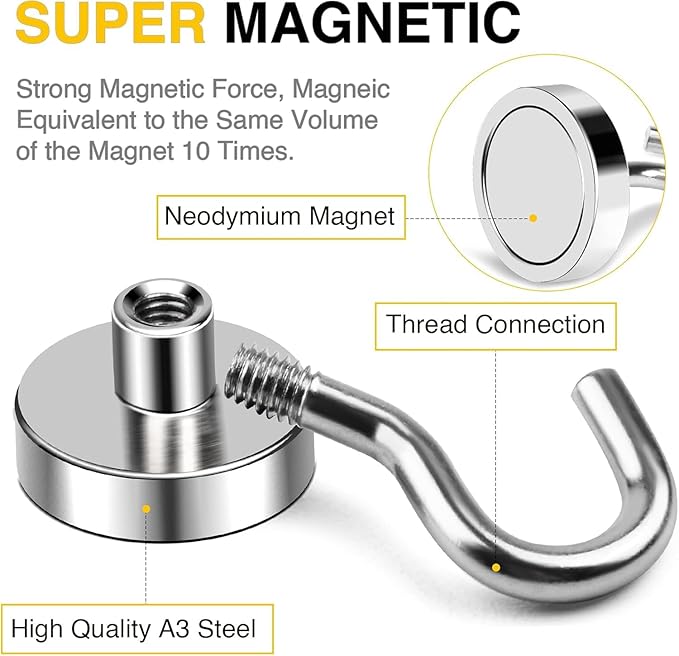 DIYMAG Magnetic Hooks, 85 LB Silver Heavy Duty Strong Magnet with Hook, Rare Earth Neodymium Magnets for Hanging, Magnetics Hanger for Curtain, Home, Kitchen, Workplace, 12 Packs