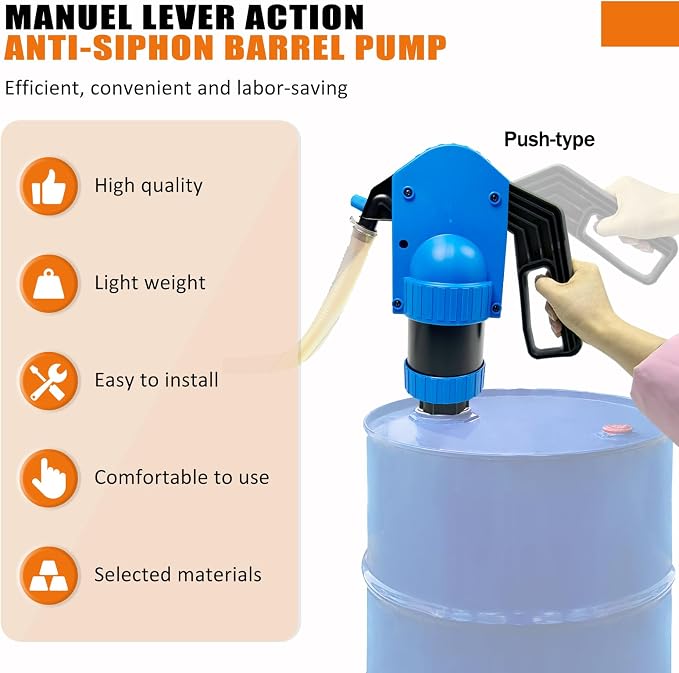 Lever Action Drum Pump，Manual Barrel Pump for water/oil/liquids，55-gallon siphon includes 6.56 feet of 3/4-inch corrugated hose