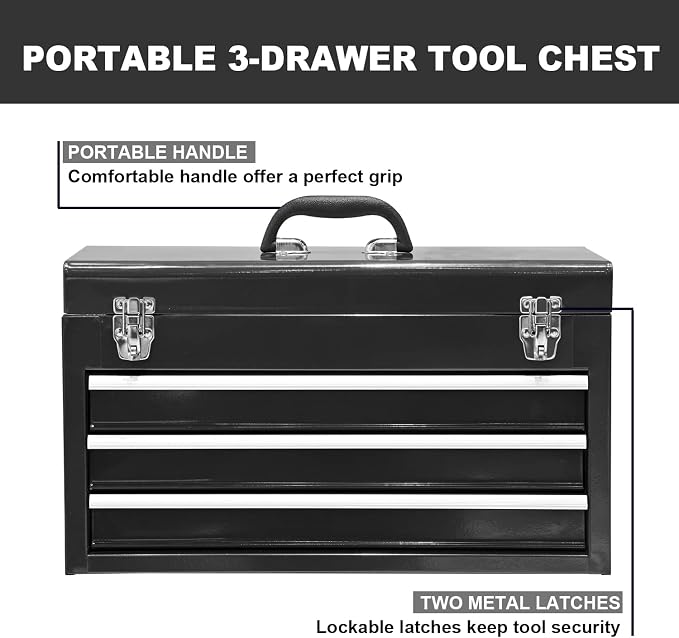 BIG RED 3 Drawer 20“ Metal Tool Box Portable Steel Tool Chest with Metal Latch Closure for Garage, Home and Workbench,Black,ANTBD133-XT