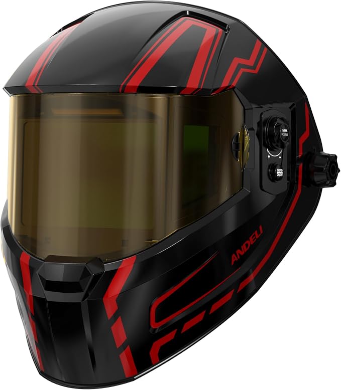 ANDELI Welding Helmet - Panoramic 180° View 4.53"X3.23",1/1/1/2 True Color Solar Powered Welder Hood，Wide Shade Welder Mask for TIG MIG ARC Cut and Grind，OPTIM-600LB-TGB with Welding Gloves