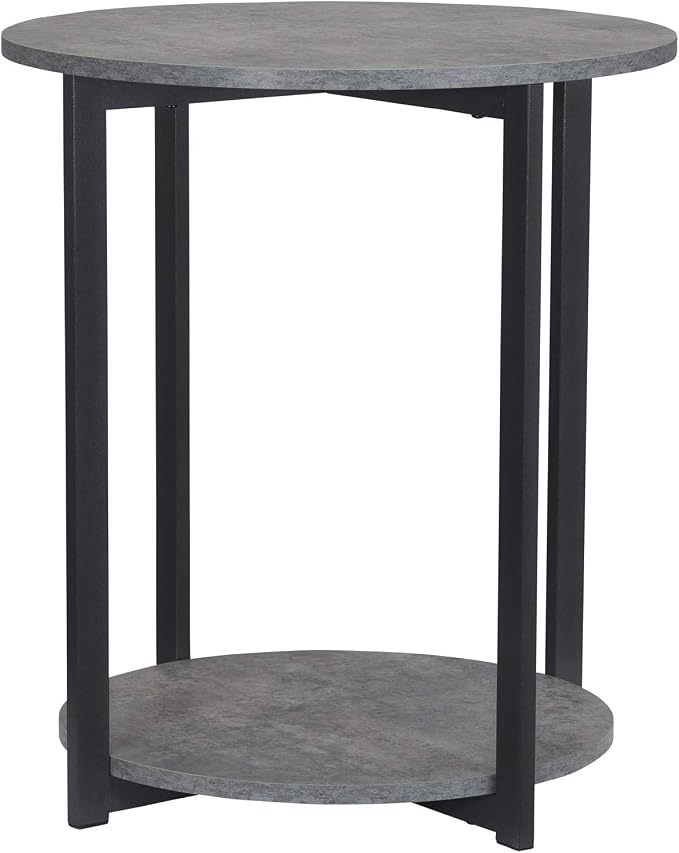 Household Essentials Jamestown Round Side End Table with Storage Shelf Rustic Slate Concrete and Black Metal