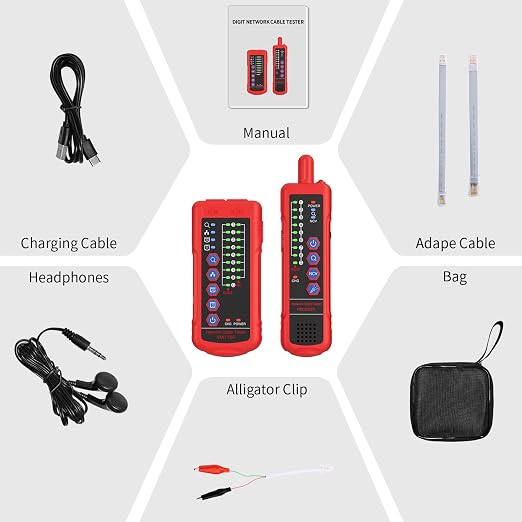 Network Cable Tester with Emitter and Receiver, NCV, Port Flashing – CAT5, CAT6 Line Tracer for RJ45/RJ11 LAN, Ethernet Cable Tester Line Finder with Earphone & LED for Dark Environments