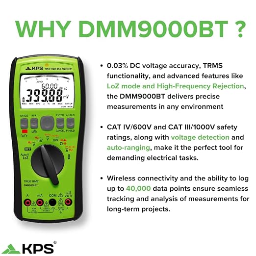 KPS DMM9000BT TRMS Multimeter – 1000V with Bluetooth, NCV & True RMS | Built for Field Technicians and Diagnostic Pros