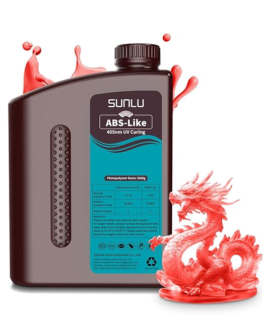 SUNLU 2000G ABS-Like 3D Printer Resin, 405nm UV Curing Photopolymer Rapid 3D Resin for 2K 4K 6K 8K LCD/DLP/SLA 3D Printers, Non-Brittle & High Precision & Low Shrinkage, Clear Red 2KG