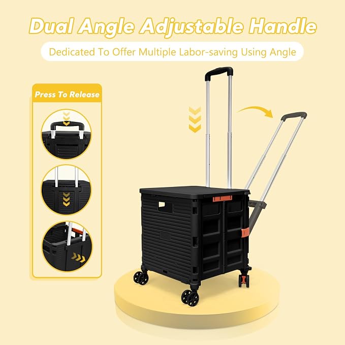 Foldable Utility Cart Rolling Crate Handcart Shopping Cart with Rotate Wheels Extended Magnetic Lid Telescoping Handle Adjustable Angle for Transports Groceries Office Teacher File(Black)