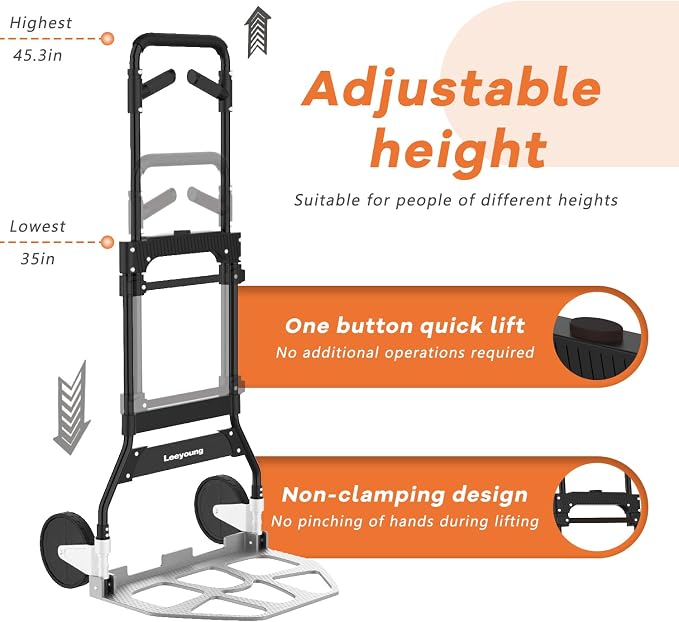 Leeyoung Folding Hand Truck Dolly Cart with Wheels,Heavy Duty 375lb Dolly for Moving，Aluminum Wheel Bracket and Steel Tube Frame, Foldable Hand Truck with Adjustable Handle for Moving Indoor/Outdoor