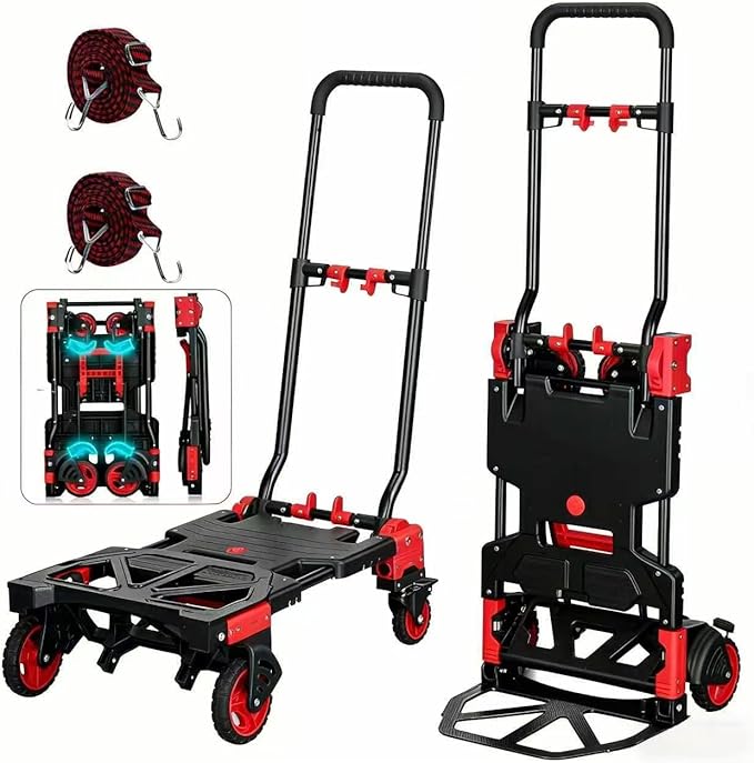 2-in-1 Hand Truck Dolly, 330LB Heavy Duty Carrying Portable Handtruck, Folding Hand Dolly with 4 Wheels&Retractable Handle for Moving, Luggage, Shopping, Office