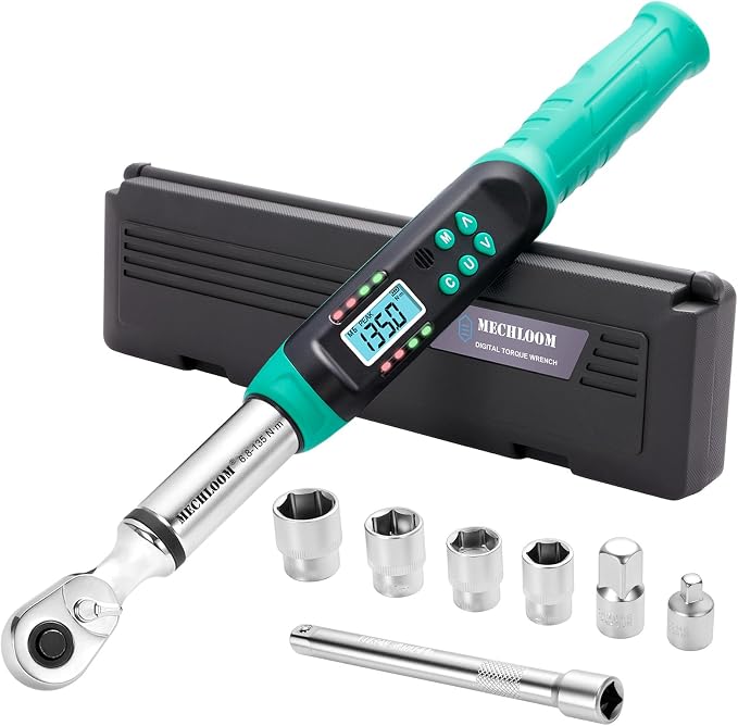 Digital Torque Wrench 3/8 Drive, 5–99.6 Ft-lbs / 6.8–135 N·m, ±2% Accuracy, Dual-Direction Ratchet, Electric Torque Wrench with Buzzer & LED Indicator for Bike, Motorcycle, Auto Repair