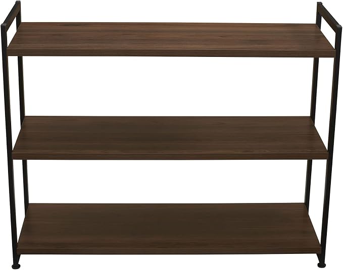 Household Essentials Jamestown Wide 3 Shelf Open Storage Bookshelf Mid Century Walnut Wood Grain and Black Metal