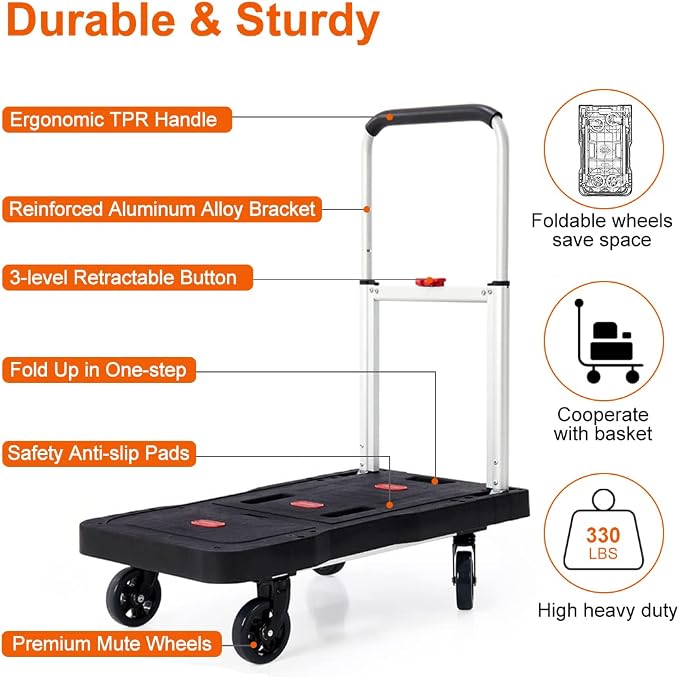 Folding Hand Truck Platform Truck 330 Lb Heavy Duty Dolly Cart | Fully Folded Push Cart, Portable Trolley Utility Cart for Easy Storage, Garage Moving Shopping Home Office