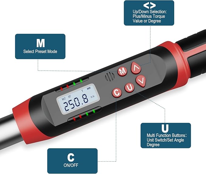 Leolee 1/2-Inch Drive Digital Torque Wrench with Angle, 12.5-250.8 Ft.lb | 17-340Nm, ±2% Accuracy, Heavy-Duty, Preset Value, Data Storage, Buzzer, LED Flash Notification, for Diesel Trucks, RV, Vans