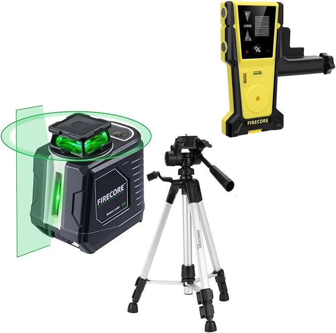 Firecore 360° Self Leveling Cross Line Laser Level with Tripod and Compatible FD30 Laser Detector